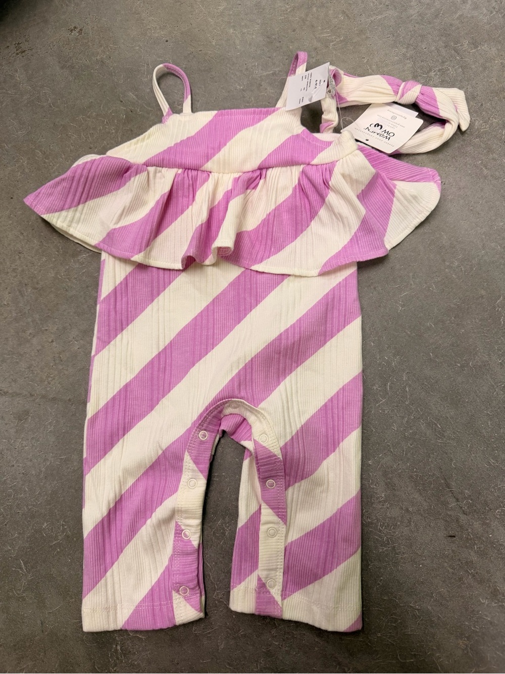 Grayson Mini pink and white striped ribbed romper with a matching headband 6-9m